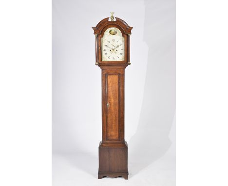 An 18th Century oak and mahogany cross banded eight day long case clock by John Thomas, WorcesterThe arched hood with gilt em