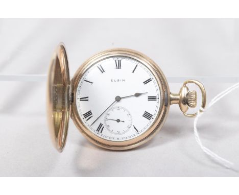 A gold plated full Hunter pocket watch by ElginThe white enameled dial with Roman numerals and subsidiary second dial, the ca