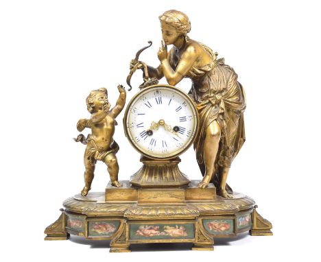 An impressive mid-19th Century French cast bronze eight day mantle clockThe drum clock with an 11cm white enamelled dial cent