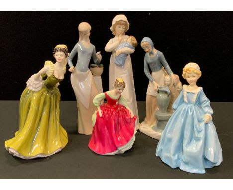 A Royal Worcester figures, Grandmother's Dress, in blue, printed mark, 3081;  a Royal Doulton figure, Simone, HN2378;  Fair M