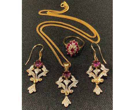 A diamond and amethyst pendant necklace, unmarked gold and white metal mount, 3g gross,  suspended from a 9ct gold flat curb 