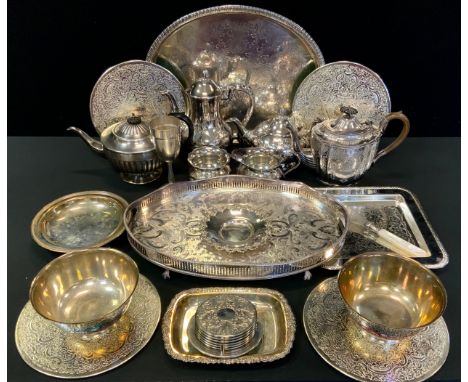 A 19th century EPBM silver plated teapot;  silver plated three piece tea set;  oval trays etc 