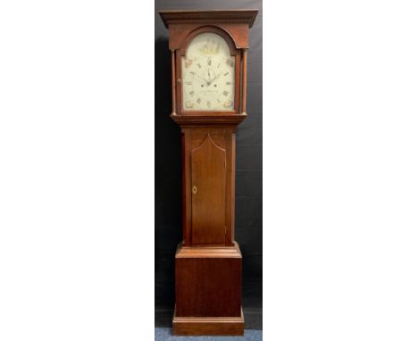 A 19th century inlaid oak longcase clock, the arched painted dial inscribed David Stevens, Newark, Roman numerals, floral spa