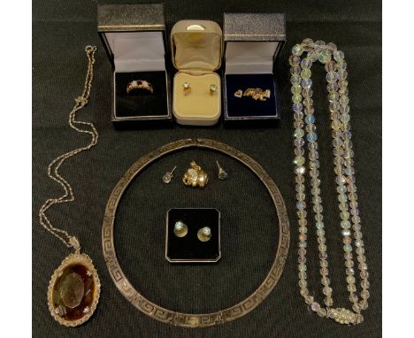 A 9ct garnet and opal dress ring, size N, 2.8g gross;  pair of 9ct gold mounted earrings;  9ct gold elephant pendant, etc, 5g