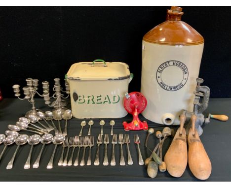 Kitchenalia - an enamel bread bin; Spong and Co Ltd bean slicer; meat grinder; pair of candlesticks; shoe lasts;  flatware;  