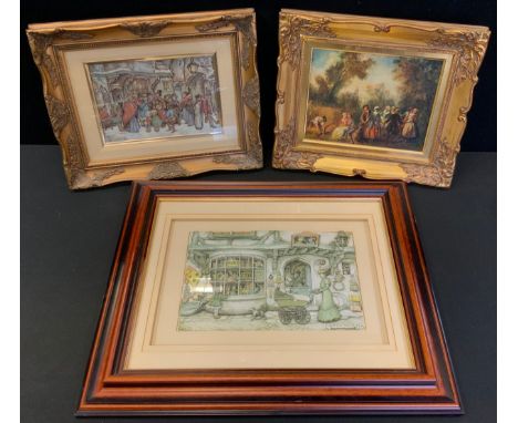 John Ellam,  in the manner of Anton Pieck, a decoupage picture, The Toy Shop, 20cm x 29cm;  another, Caarol Singers, 15cm x 2