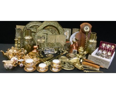 Brass and Treen - a pair of brass vases, grapevine decoration in relief, trivet, candle sticks, barometer, etc qty 