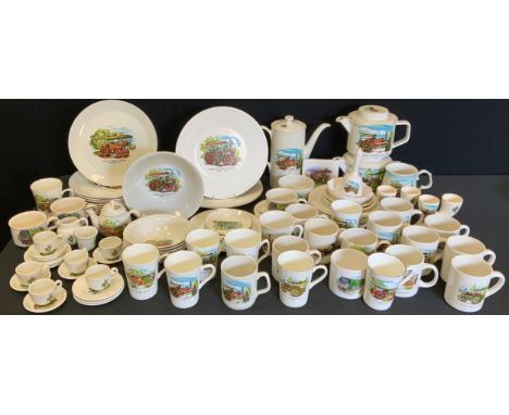 Steam Engine Memorabilia - tea and dinner ware, each printed with a steam locomotive, comprising plates, mugs, teapot, side p