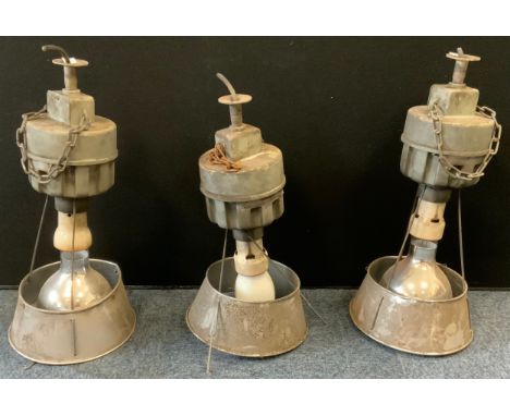 Industrial Lighting -  three Simplex Circulum Ltd single phase pendant lights, chromed shades, 56cm high;  others, parts, sha