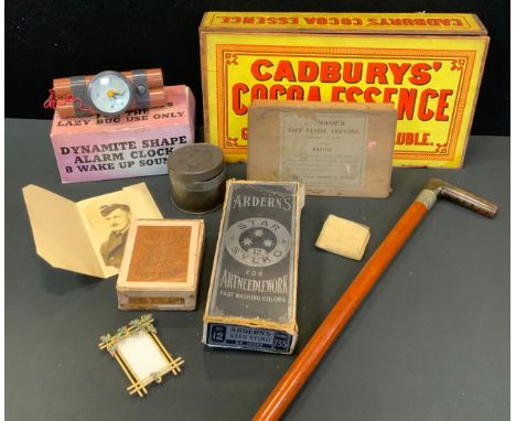 Advertising - Cadburys' Cocoa Essence box, 39cm long;  Ardens Star Sylko box;  Dr Theinharots tin;  a horn handled walking st