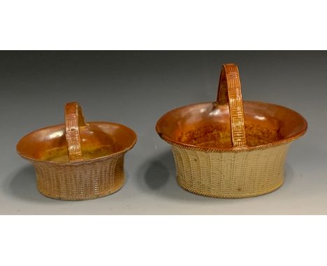 A 19th century S. &amp; H. Briddon, Brampton brown salt glazed stoneware flared oval basket, in relief with basketwork, 22cm 