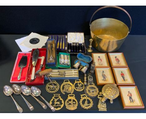 A brass jam pan;  a set of mother-of-pearl opera glasses;  flatware  military prints;  etc 