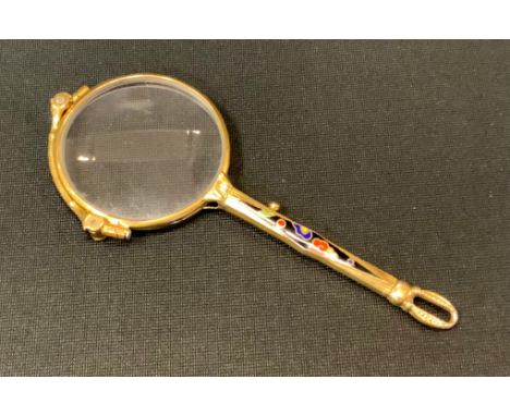 A rolled gold enamel lorgnette, the handle in tones of red, green and blue within a black ground, circular lenses,  stamped R