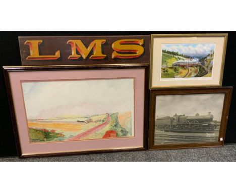 Railway Interest - a LMS wooden sign;  a black and white image, Great Central Steam engine;  Richard Piccaver, by and after, 