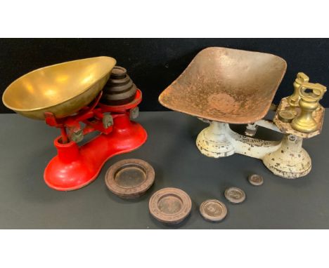 Kitchenalia - a set of Victor cast iron kitchen scales, others l bell weights, tower weights etc 