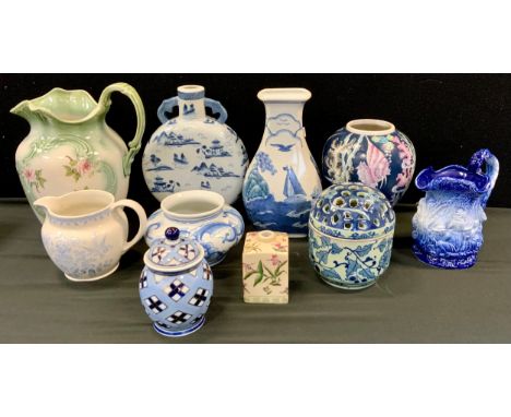 A modern Chinese moon flask;  other modern Chinese vase;  wash jug;  etc 