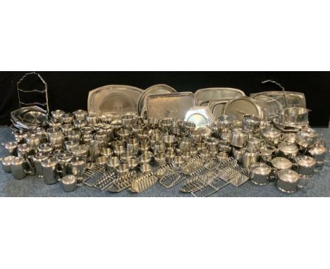 Old Hall, designed by R Welch stainless steel hotel ware - teapots, milk jug, trays, mugs, etc (quantity) 