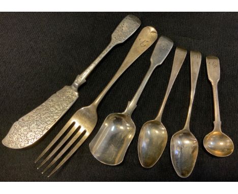 Flatware - a Victorian silver fork, London 1871;  fish knife, London 1889;  pair of mustard spoons, London 1851 etc, 5.20zt 