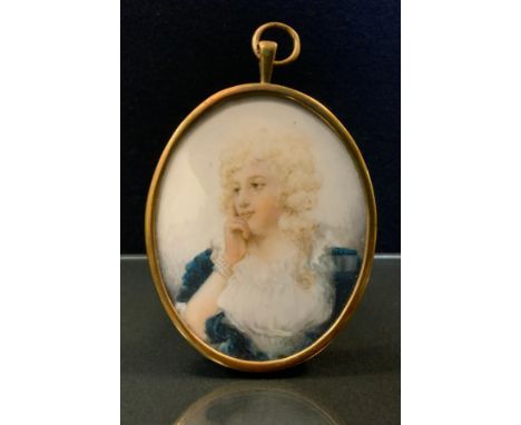 English School, 19th century, a portrait miniature, of a beauty, blond curly hair, watercolour on ivory, oval, 9cm x 7.5cm, r