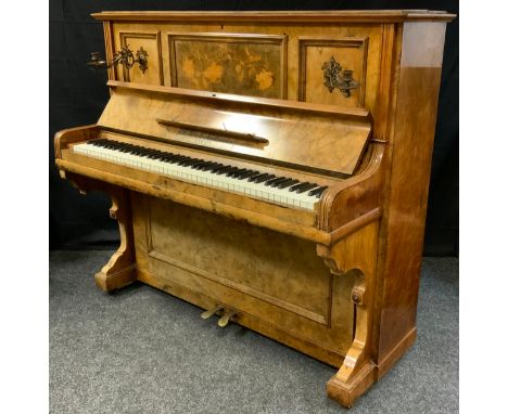 A R Gors and Kallmann of Berlin, burr walnut cased upright piano, iron frame. with candle sconcesIvory Ref MCZZDVGZ 