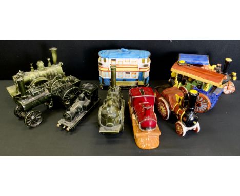 Steam Engine Memorabilia - ceramic models;  a tram carriage;  steam roller;   etc 