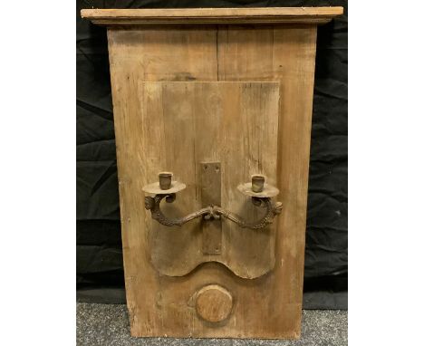 A shield back wall plaque candle light fitted with two sconces, shaped back, 70cm high, 47cm wide 