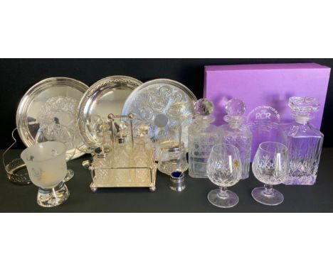 Royal Rock Crystal decanter and two brandy glasses, boxed;  other decanters;  plated die cast trays;  other plated ware;  Wal