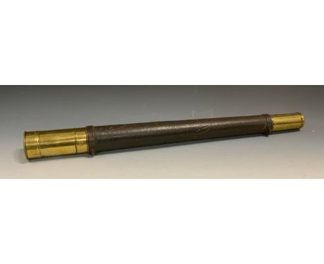 A 19th century single drawer brass telescope, long tapering leather bound principle section, 7cm diameter tapering to 4.5cm d