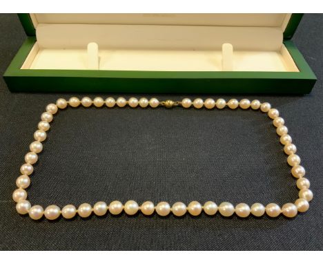 A cultured pearl single strand necklace, individually knotted creamy pearls, approx 7mm diameter, 18ct gold clasp, stamped 75