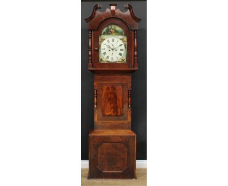 A Victorian mahogany longcase clock, of broad proportions, 32cm arched painted dial inscribed Rhodes, Bradford, Roman numeral