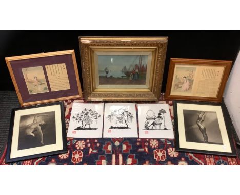 Prints and Pictures - J Kerr, Dutch Seascape, signed, dated 1902, oil on canvas, 19cm x 28cm;   a  Chinese silk picture;  a s