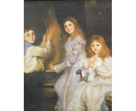 19thC English School. Portrait of children, boy and two girls one holding dove, oil on board, The Olde Picture Shop £1,100 la