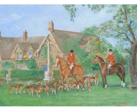 J. E. Duckett (20thC). Belvoir Hunt at Knipton, Leicestershire, acrylic on paper, signed, titled verso with price ticket £15,