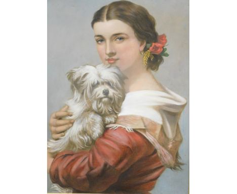 20thC English School. Portrait of a girl holding dog, oil on board, indistinct handwritten attribution label verso, unsigned,