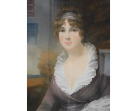 19thC School. Portrait of a lady in landscape, quarter profile, oil on paper, unsigned, 75cm x 62cm.