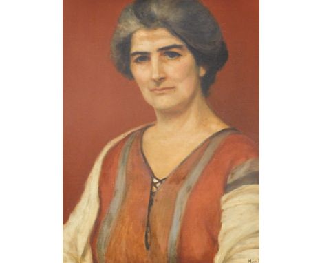 Marle Barnett (20thC). Portrait of a lady, quarter profile, oil on canvas, handwritten label verso with address and numbered 