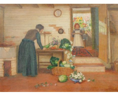 C. M. Wood (20thC). Figure of a lady aside scales with child in the distance carrying cakes, oil on canvas, signed, 23cm x 31