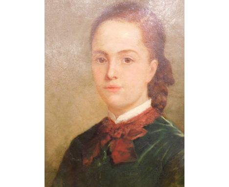 19thC English School. Portrait of a girl, quarter profile, oil on canvas, attributed verso E.W. Andrews 1877, 61cm x 46cm.