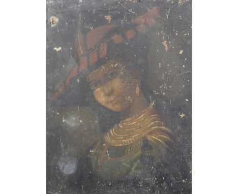 19thC School. Portrait of a lady wearing hat, oil on canvas, unsigned, Geo. Rowney stamp to the canvas, 52cm x 41cm. (AF)