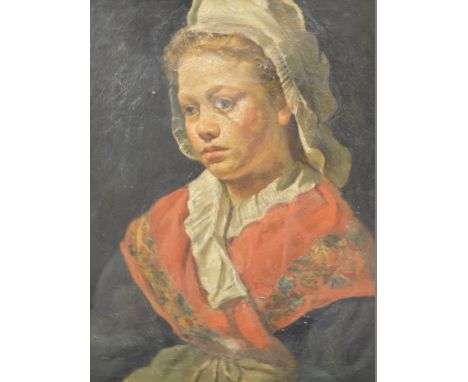 19thC School. Portrait of a girl in melancholic mood wearing bonnet, oil on canvas, Geo. Rowney ESK stamp, 51cm x 41cm.