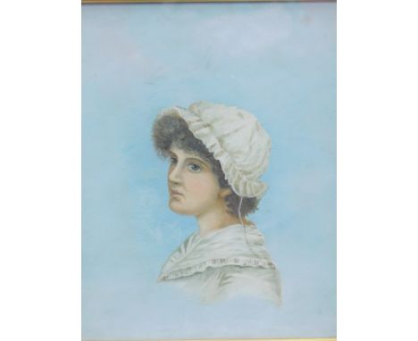 19thC School. Portrait of a lady wearing bonnet, oil on a Winsor &amp; Newton canvas, unsigned, 27cm x 22cm. 