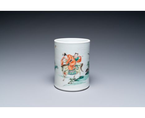 Full title: A Chinese famille verte brush pot, KangxiDescription:H.: 13,5 cm - Dia.: 10,5 cmThe absence of a condition report