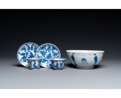 Full title: A Chinese blue and white bowl and a pair of cups and saucers, KangxiDescription:Dia.: 15,5 cm - H.: 7 cm (the bow