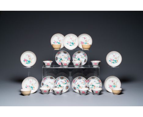 Full title: Thirteen Chinese famille rose saucers and twelve cups, QianlongDescription:Dia.: 14 cm (the largest saucers)Dia.: