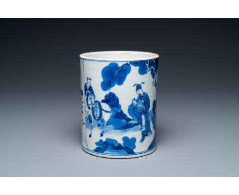 Full title: A Chinese blue and white 'bitong' brush pot with an official near his horse, KangxiDescription:H.: 13,5 cm - Dia.