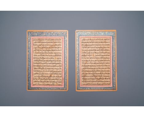 Full title: Two Timurid illuminated Quran leaves in Kufic script, Persia, 15/16th C.Description:Dim.: 30,5 x 20,5 cmDim.: 24 