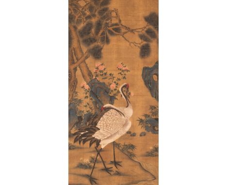 Full title: Chinese school: ÔCranes, pine trees and peoniesÕ, ink and colour on silk, QianlongDescription:Dim.: 222,5 x 76 cm