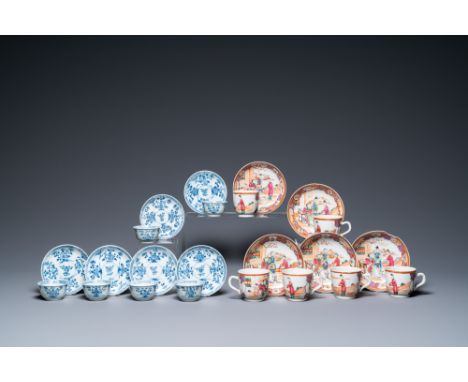 Full title: Six Chinese blue and white cups and saucers, six famille rose cups and five saucers, Kangxi/QianlongDescription:D
