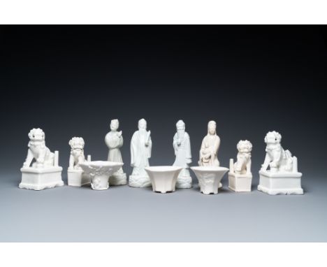 Full title: Two pairs of Chinese Dehua blanc de Chine joss stick holders, three libation cups and four figures, Kangxi and la