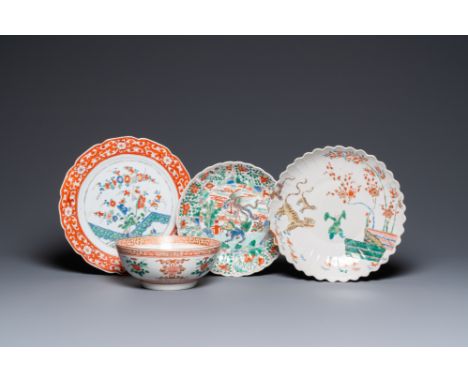 Full title: Three Chinese famille verte dishes and a bowl, KangxiDescription:Dia.: 25,5 cm (the largest plate)Dia.: 18,5 cm -